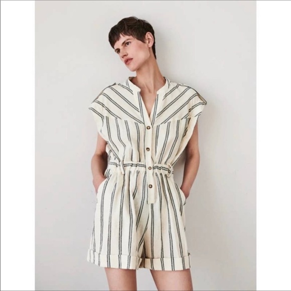 NWT Zara Striped Rustic Jumpsuit Short Sleeve Romper Women’s Size XL - Picture 1 of 7